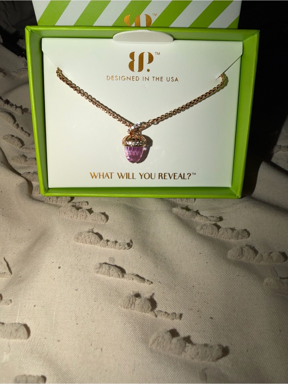 BP August 2026 gold Plated Pink Acorn Pendant Necklace -
